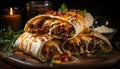 Ready to eat homemade Mexican food beef taco, grilled pork burrito generated by AI Royalty Free Stock Photo