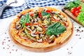 Close up view on pizza on white wooden background with ingridients. Italian cuisine. Royalty Free Stock Photo