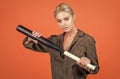 ready to fight. lady girl holding sport equipment or accessory. active wear. rounders game