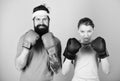 Ready to fight. Man and woman in boxing gloves. Boxing sport concept. Couple girl and hipster practicing boxing. Sport Royalty Free Stock Photo