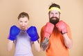 Ready to fight. Man and woman in boxing gloves. Boxing sport concept. Couple girl and hipster practicing boxing. Sport Royalty Free Stock Photo