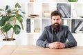 Ready to hear your opinion. Report and complaint concept. Man bearded hipster boss looking at you with attention. Boss