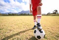 Ready to kick-off. a young boys foot on a soccer ball. Royalty Free Stock Photo