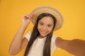 Ready to relax. Teen girl summer fashion. Little beauty in straw hat. Beach style for kids. Visit tropical islands. Turn