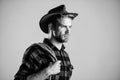 Ready to ride. man checkered shirt on ranch. wild west rodeo. man in hat. western cowboy portrait. cowboy with lasso Royalty Free Stock Photo