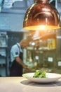 Ready to serve. Vertical photo of fresh green salad standing on the table under the light with working chef on the