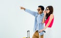 Ready to travel, happy holiday. Summer vacation. Asian couple in sunglasses with pointing and looking forward with exciting. Royalty Free Stock Photo