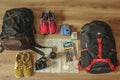 Ready to travel with two backpacks, sneakers, maps and camera, traveling photography, travel photography