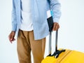 Ready to trip. Passport with flight ticket in young man`s hand. Royalty Free Stock Photo