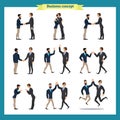 Ready-to-use character set. Businessmen in handshake. Various poses, emotions, greeting, standing, fist bump, giving