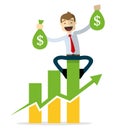 Vector of Businessman happy, sitting on a bar chart, holding two