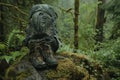 Ready For The Trail. Backpack And Boots In Forest Setting. Generative AI Royalty Free Stock Photo