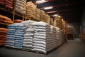 Ready for transport The warehouse holds sacks of chemical fertilizer in stacks
