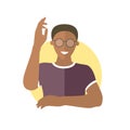 Ready, willing to answer or help black boy in glasses. Flat design icon of handsome african man with hand up. Simply editable
