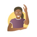 Ready, willing to answer or help black girl in glasses. Flat gradient style icon of african pretty woman with hand up. Simply edit