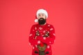 Ready for xmas party. happy new year. cheerful hipster funny knitted sweater. warm clothes in cold winter weather Royalty Free Stock Photo
