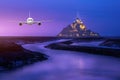 Real airplane over the Cityscpae with the view of Mont Saint Michele, France Royalty Free Stock Photo