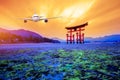 Real airplane over the Tori gate with the view of Hiroshima, Japan Royalty Free Stock Photo