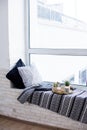 Real apartment interior decor, aromatic candles and plants on vintage tray with pillows and blanket on white windowsill