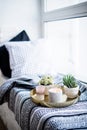 Real apartment interior decor, aromatic candles and plants on vintage tray with pillows and blanket on white windowsill