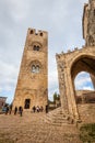 The Real Chiesa Madrice Insigne Collegiata or Erice Cathedral with tourists, main Catholic place