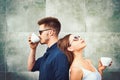 The real coffee experts. Couple in love drink coffee outdoor. Enjoying the best coffee date. Couple of woman and man Royalty Free Stock Photo