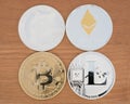 Real coins of ryptocurrency Bitcoin Ethereum Dogecoin and Litecoin