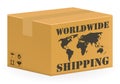 Real corrugated carton box with worldwide shipping Royalty Free Stock Photo