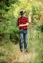 Real cowboys never run. western cowboy portrait. man checkered shirt on ranch. Vintage style man. Wild West retro cowboy Royalty Free Stock Photo