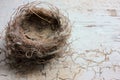 Real empty nest on old cracked white wooden background. Empty Nest Syndrome concept. Top view