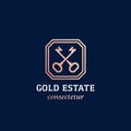 Real Estate Abstract Vector Sign or Logo Template. Crossed Golden Keys Sillhouette in a Frame with Classy Retro