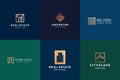 Real Estate Abstract Vector Signs, Symbols or Logo Templates Set. Geometry Line Buildings in Frames with Modern Royalty Free Stock Photo