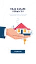 Real estate agency banner. Broker's hand giving house keys for home purchase. Deal sale, property purchase, real estate