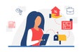 Real estate agency concept with icons, woman holding tablet, agent hand offers discount