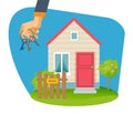 Real estate agency. Hand with keys on background selling house. Royalty Free Stock Photo