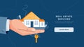 Real estate agency landing page template. Broker's hand giving house keys for home purchase. Deal sale, property