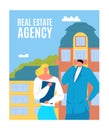 Real estate agency poster banner, character woman and man realtor promotional billboard flat vector illustration