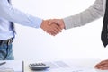 Real estate agent and customers shaking hands together celebrating finished contract after about home insurance and investment Royalty Free Stock Photo