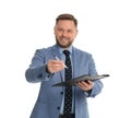 Real estate agent with documents for signing on white Royalty Free Stock Photo