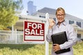 Real Estate Agent in Front of For Sale Sign, House Royalty Free Stock Photo