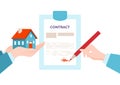 Real estate agent hand hold house, sign document mortgage contract, purchase property flat vector illustration, isolated Royalty Free Stock Photo