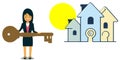 Real estate agent holding large key and houses with keyhole vector graphics