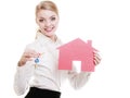 Real estate agent holding red paper house keys Royalty Free Stock Photo