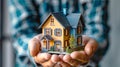 A real estate agent holds a miniature house in their hand, symbolizing homeownership, mortgage, and the rent sale of real estate Royalty Free Stock Photo