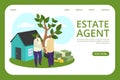Real estate agent near house concept, landing banner, vector illustration. Man people character handshake near new home Royalty Free Stock Photo
