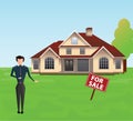 Real Estate Agent Offering House. Male broker with for sale sign board standing on a background of the house. Royalty Free Stock Photo