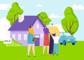 Real estate agent sell house to young family, father mother and kid character buy country apartment flat vector