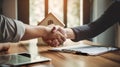 Real estate agent shaking hands with customer after signing contract to buy house. Generative AI Royalty Free Stock Photo