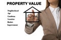 Real estate agent using virtual screen with house illustration. Property value concept Royalty Free Stock Photo