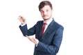 Real estate agent wearing suit showing keying Royalty Free Stock Photo